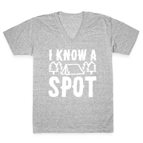 I Know A Spot Camping White Print V-Neck Tee Shirt