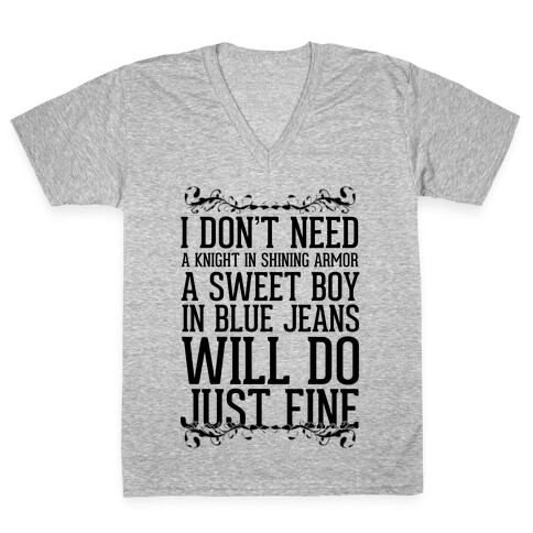 I Don't Need A Knight In Shining Armor A Sweet Boy In Blue Jeans Will Do Just Fine V-Neck Tee Shirt
