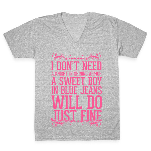 I Don't Need A Knight In Shining Armor A Sweet Boy In Blue Jeans Will Do Just Fine V-Neck Tee Shirt