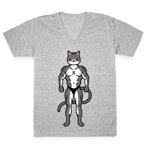 Buff Cat Grey Tabby V-Neck Tee Shirt