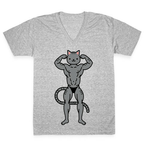 Buff Cat Grey Stripe V-Neck Tee Shirt