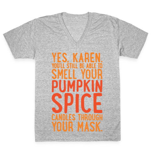Yes Karen Pumpkin Spice White Print V-Neck Tee Shirt