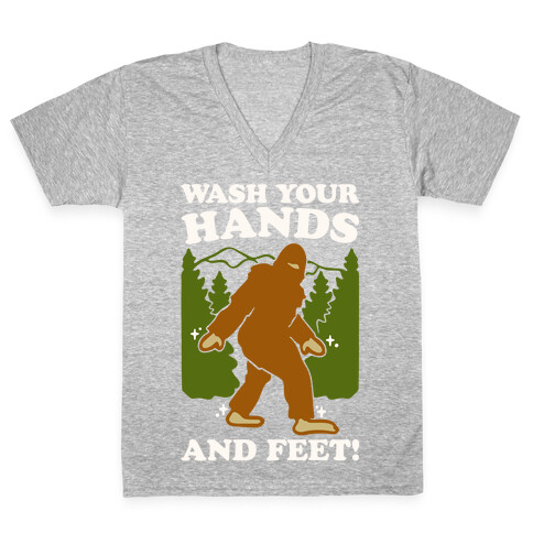 Wash Your Hands and Feet Bigfoot Parody White Print V-Neck Tee Shirt