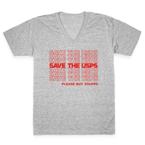 Save The USPS Thank You Bag Style White Print V-Neck Tee Shirt