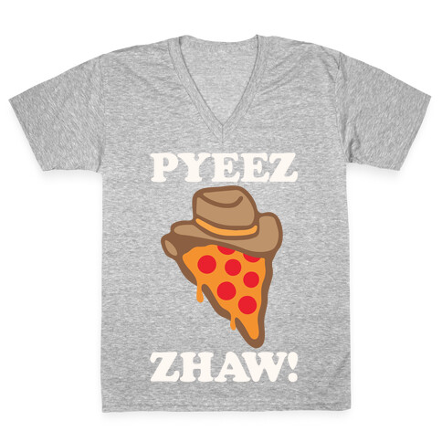 Pyeezzhaw Pizza Cowboy Parody White Print V-Neck Tee Shirt