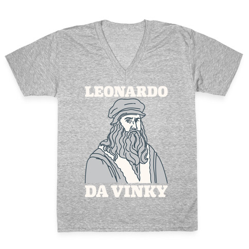 Leonardo Da Vinky Parody White Print V-Neck Tee Shirt