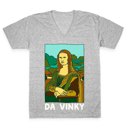 Mona Lisa Da Vinky Parody White Print V-Neck Tee Shirt