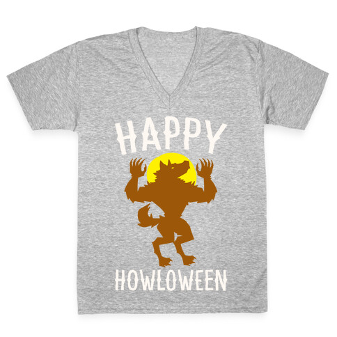 Happy Howloween Werewolf Parody White Print V-Neck Tee Shirt