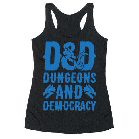 Dungeons and Democracy Parody White Print Racerback Tank Top