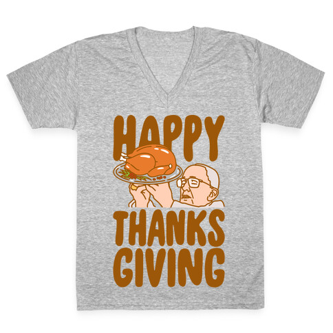 Happy Thanksgiving Pope Meme White Print V-Neck Tee Shirt