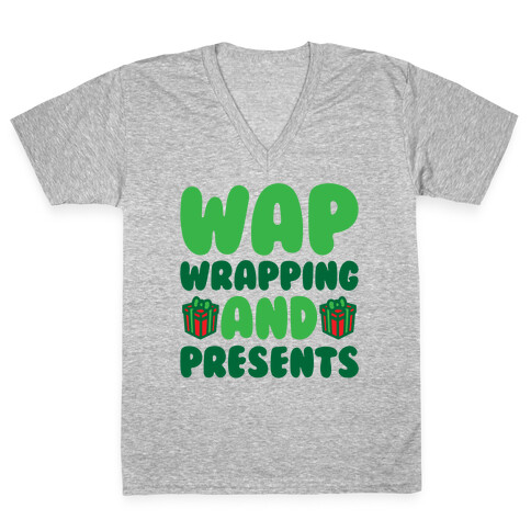 WAP Wrapping and Presents Parody White Print V-Neck Tee Shirt