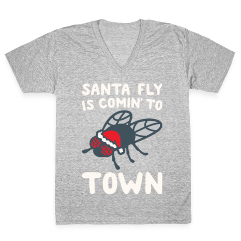 Santa Fly Is Coming To Town White Print V-Neck Tee Shirt