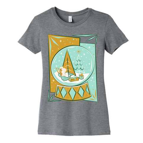 Mid-Century Modern Mermaid Holiday Snow Globe Womens T-Shirt