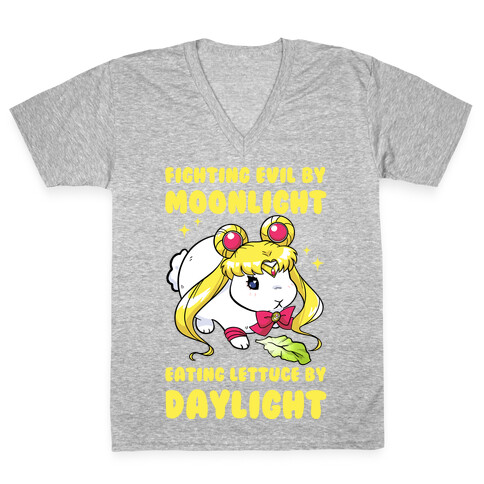 Fighting Evil By Moonlight Eating Lettuce By Daylight V-Neck Tee Shirt