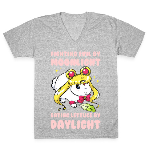 Fighting Evil By Moonlight Eating Lettuce By Daylight V-Neck Tee Shirt