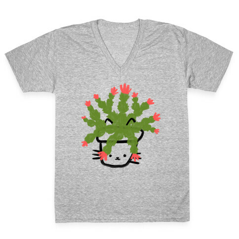 Christmas Cactus Cat V-Neck Tee Shirt