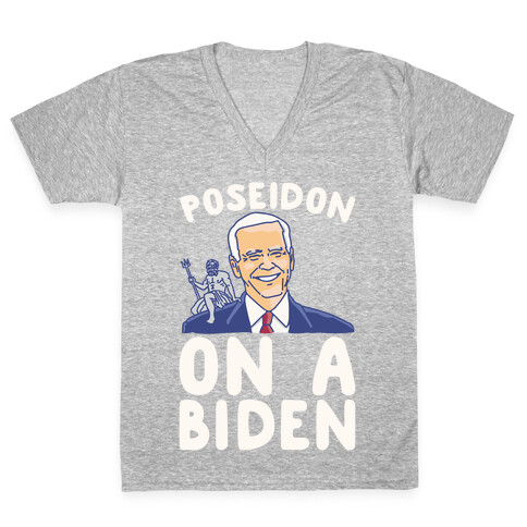 Poseidon On A Biden Parody White Print V-Neck Tee Shirt