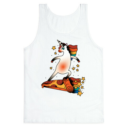 Rad Unicorn Skateboarding a Pizza Tattoo Tank Top