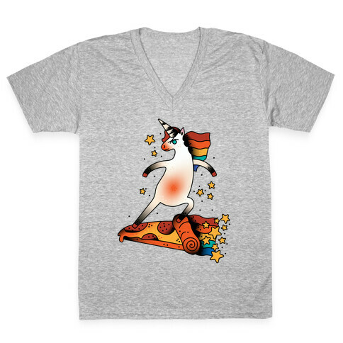 Rad Unicorn Skateboarding a Pizza Tattoo V-Neck Tee Shirt