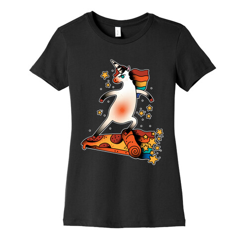 Rad Unicorn Skateboarding a Pizza Tattoo Womens T-Shirt