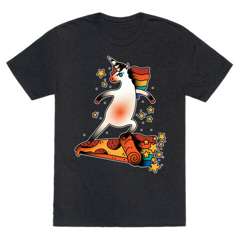 Rad Unicorn Skateboarding a Pizza Tattoo T-Shirt