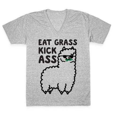 Eat Grass Kick Ass Llama V-Neck Tee Shirt