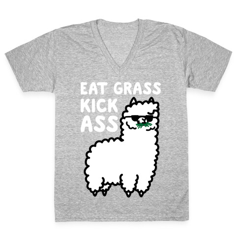 Eat Grass Kick Ass Llama V-Neck Tee Shirt