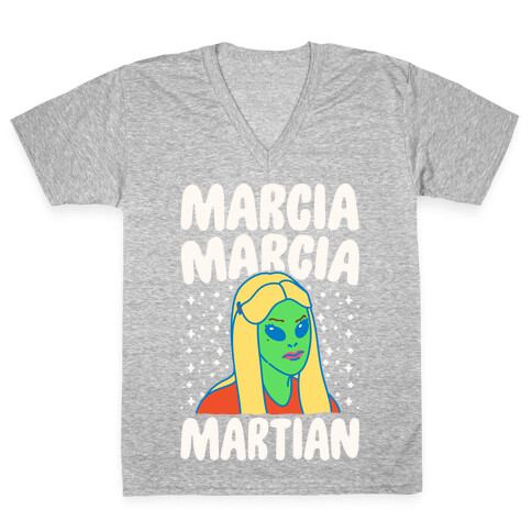 Marcia Marcia Martian Parody White Print V-Neck Tee Shirt