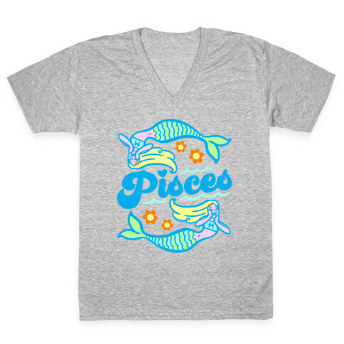 90's Aesthetic Pisces White Print V-Neck Tee Shirt