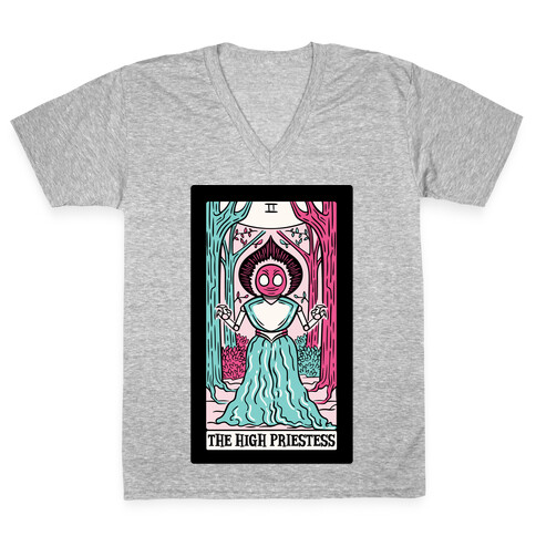 The High Priestess Flatwoods Monster Tarot Card Parody White Print V-Neck Tee Shirt