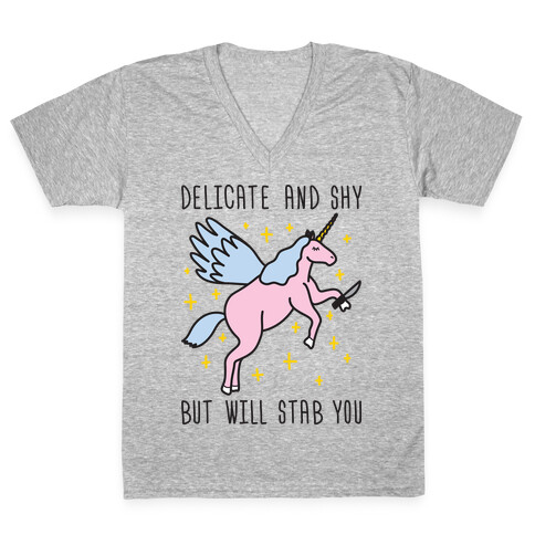 Delicate And Shy But Will Stab You Unicorn V-Neck Tee Shirt