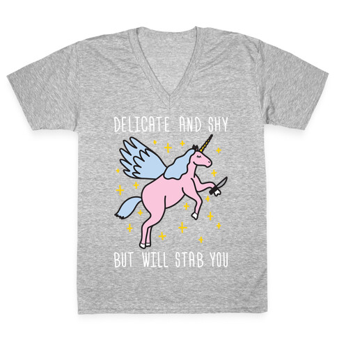 Delicate And Shy But Will Stab You Unicorn V-Neck Tee Shirt