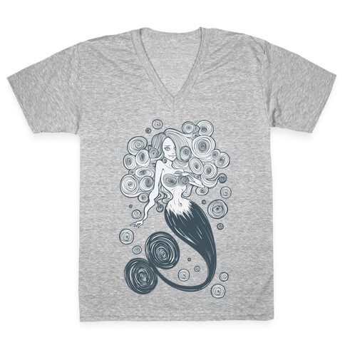 Spirals Mermaid Parody White Print V-Neck Tee Shirt
