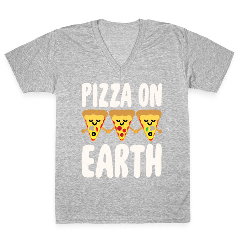 Pizza On Earth White Print V-Neck Tee Shirt