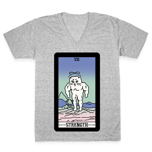 Strength Cat Meme Tarot Card White Print V-Neck Tee Shirt