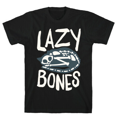 Lazy Bones Cat Skeleton White Print T-Shirt