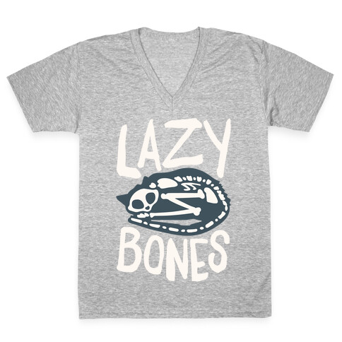 Lazy Bones Cat Skeleton White Print V-Neck Tee Shirt
