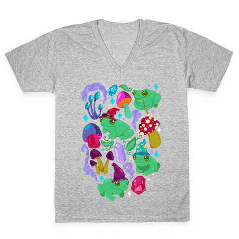 Magical Mushroom Frogs Pattern V-Neck Tee Shirt