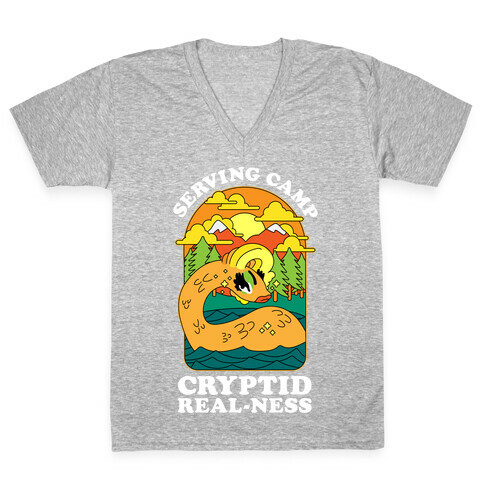 Serving Camp Cryptid Real-Ness V-Neck Tee Shirt