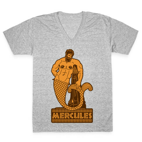 Mercules Merman Hercules Parody White Print V-Neck Tee Shirt