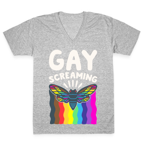 Gay Screaming Cicada Parody White Print V-Neck Tee Shirt