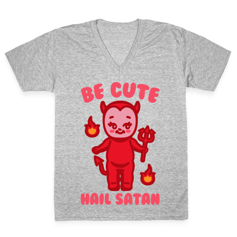 Be Cute Hail Satan Kewpie Parody White Print V-Neck Tee Shirt