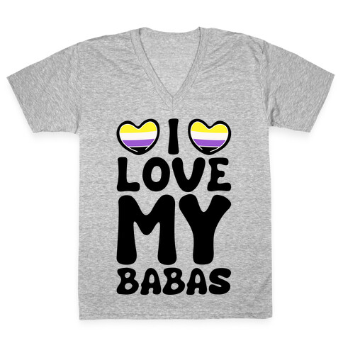 I Love My Babas Non-binary Pride White Print V-Neck Tee Shirt