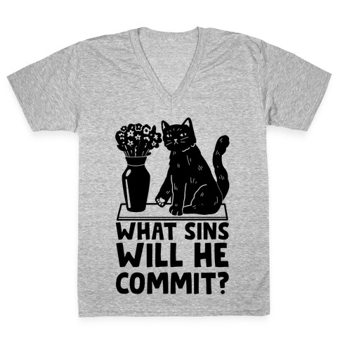 What Sins Will He Commit? Cat V-Neck Tee Shirt