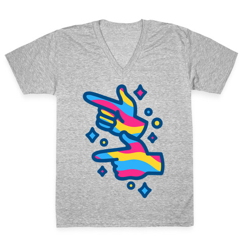 Pansexual Pride Finger Guns White Print V-Neck Tee Shirt