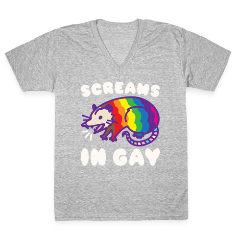 Screams In Gay Possum Parody White Print V-Neck Tee Shirt