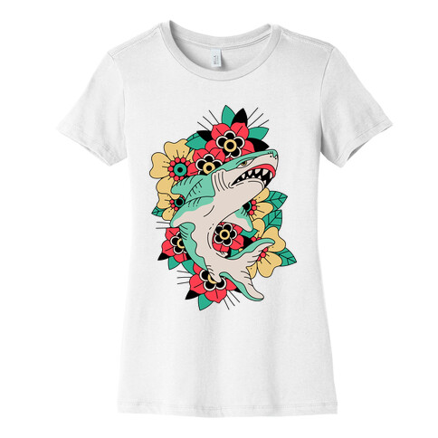 Floral Shark Traditional Tattoo Womens T-Shirt