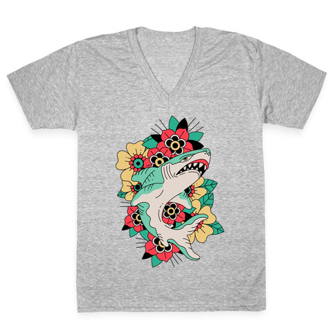 Floral Shark Traditional Tattoo V-Neck Tee Shirt