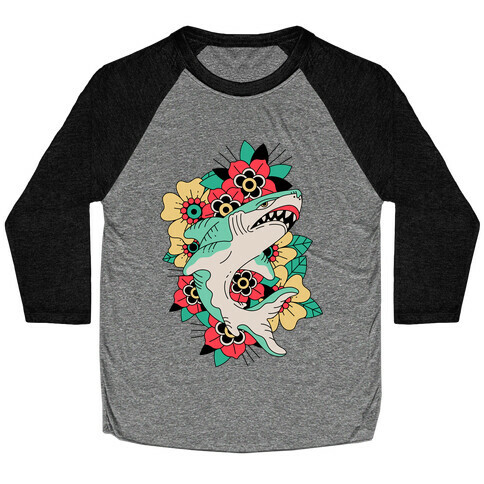 Floral Shark Traditional Tattoo Baseball Tee