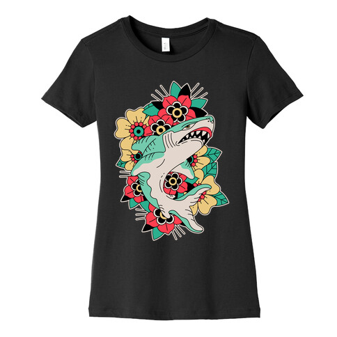 Floral Shark Traditional Tattoo Womens T-Shirt